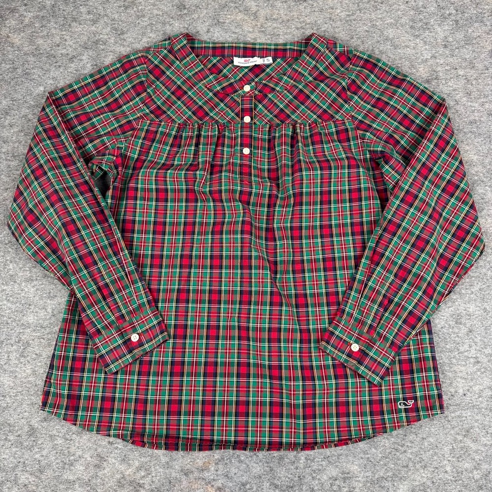 Vineyard Vines Button Front Shirt Plaid Cotton Red Green Girls XL 16